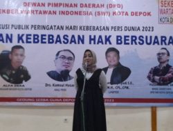 Sumber Foto: depokupdate.id - Eni Sumarni anggota DPD RI Perwakilan Jabar, saat memberikan sambutan di acara diskusi publik SWI Depok. (08/06/2023)