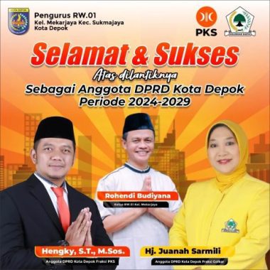 Flyer Ketua RW 01 Mekarjaya Cueng Bersama dua Warganya yang terpilih kembali Sebagai Anggota Dewan